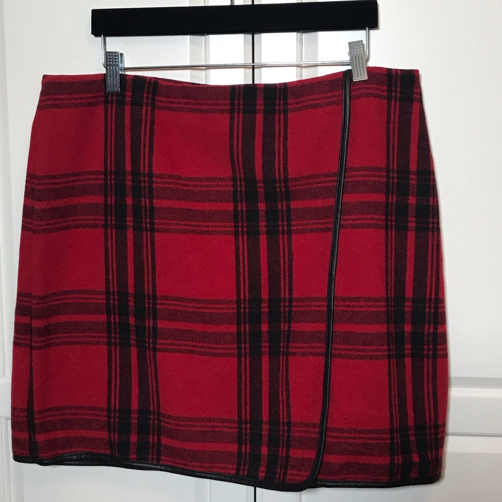 Joe Fresh Red Faux Wrap Wool and Black Plaid Skirt